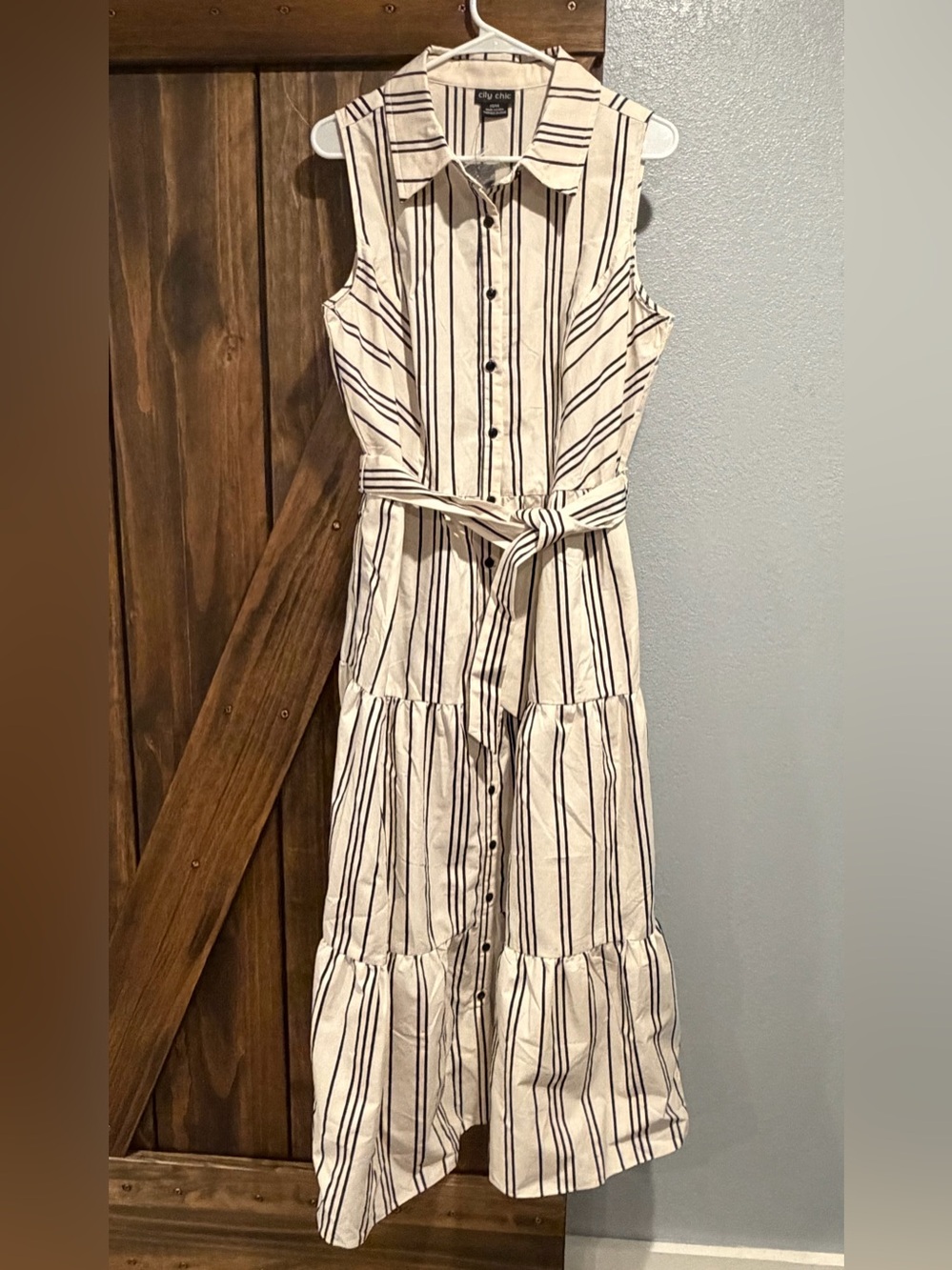 City Chic Cream Maxi Dress with Black Vertical Stripes
